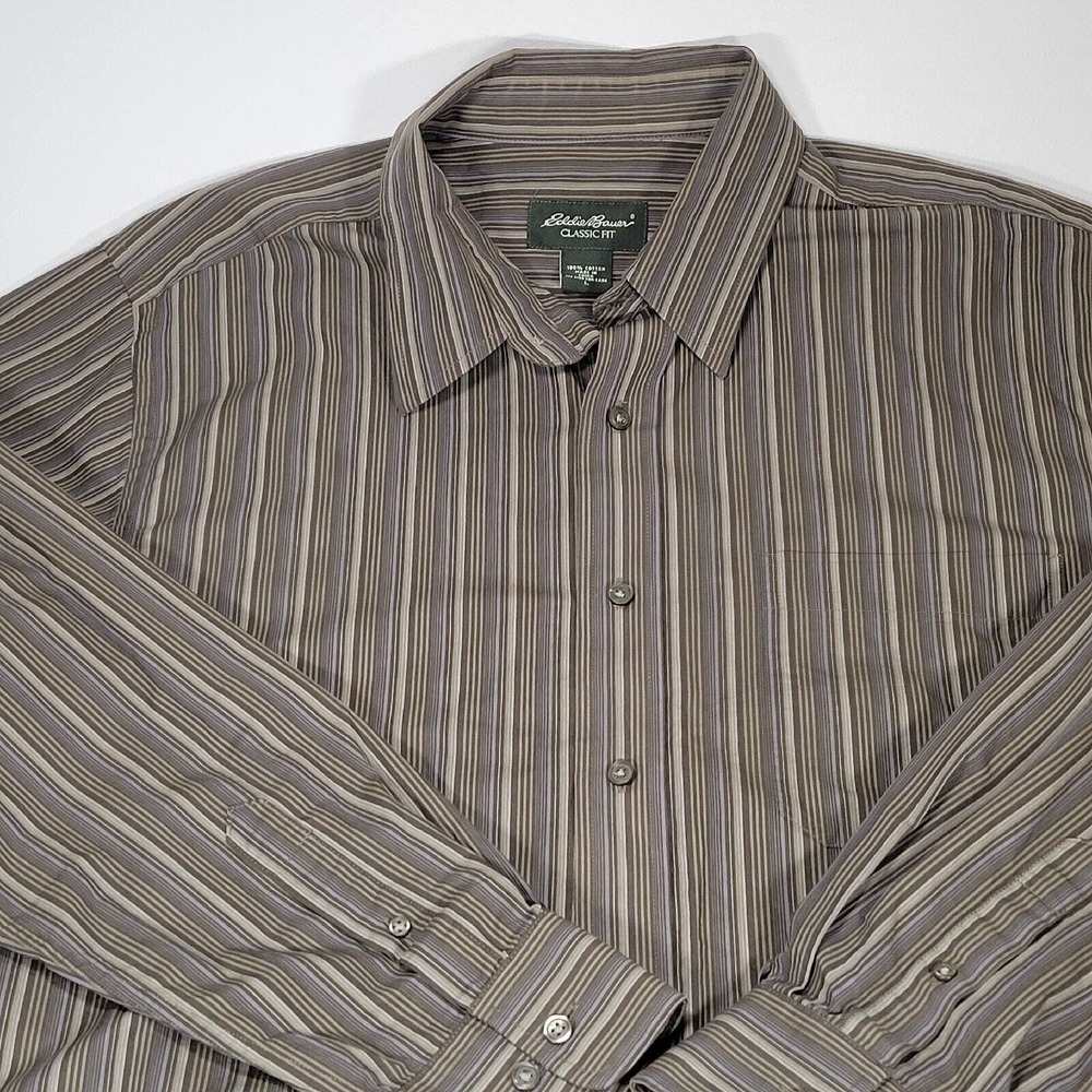 Eddie Bauer Classic Fit Button Up Shirt Mens L Gray Striped Long Sleeve Cotton